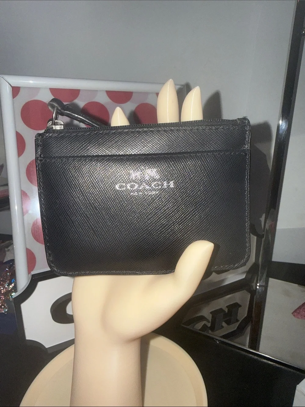 Coach Black Pebbled Leather Zip Card Case with Silver Logo